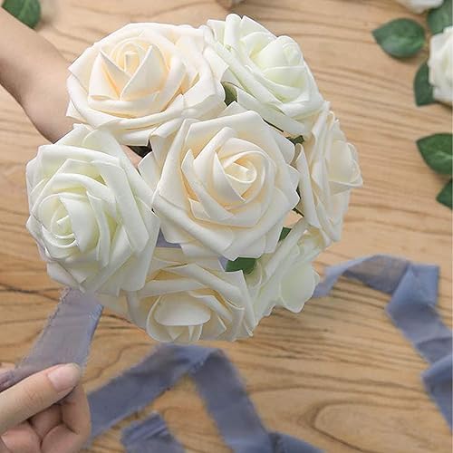 Miniatura 5 de Rosas blancas artificiales, 24 rosas de espuma falsas de tacto real para ramos de bricolaje, bodas, fiestas, baby shower, decoración del hogar