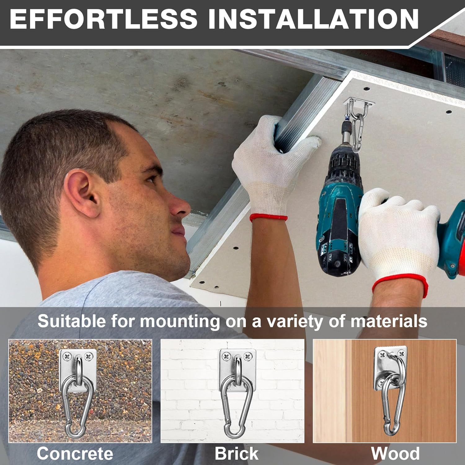 Greluma 4 Pzs Gancho de anillo de grapa con placa de ojo de almohadilla resistente con forma U para toldo de vela-Ganchos para hamaca de techo y pared M5 para suspensión columpio-Acero inoxidable 304