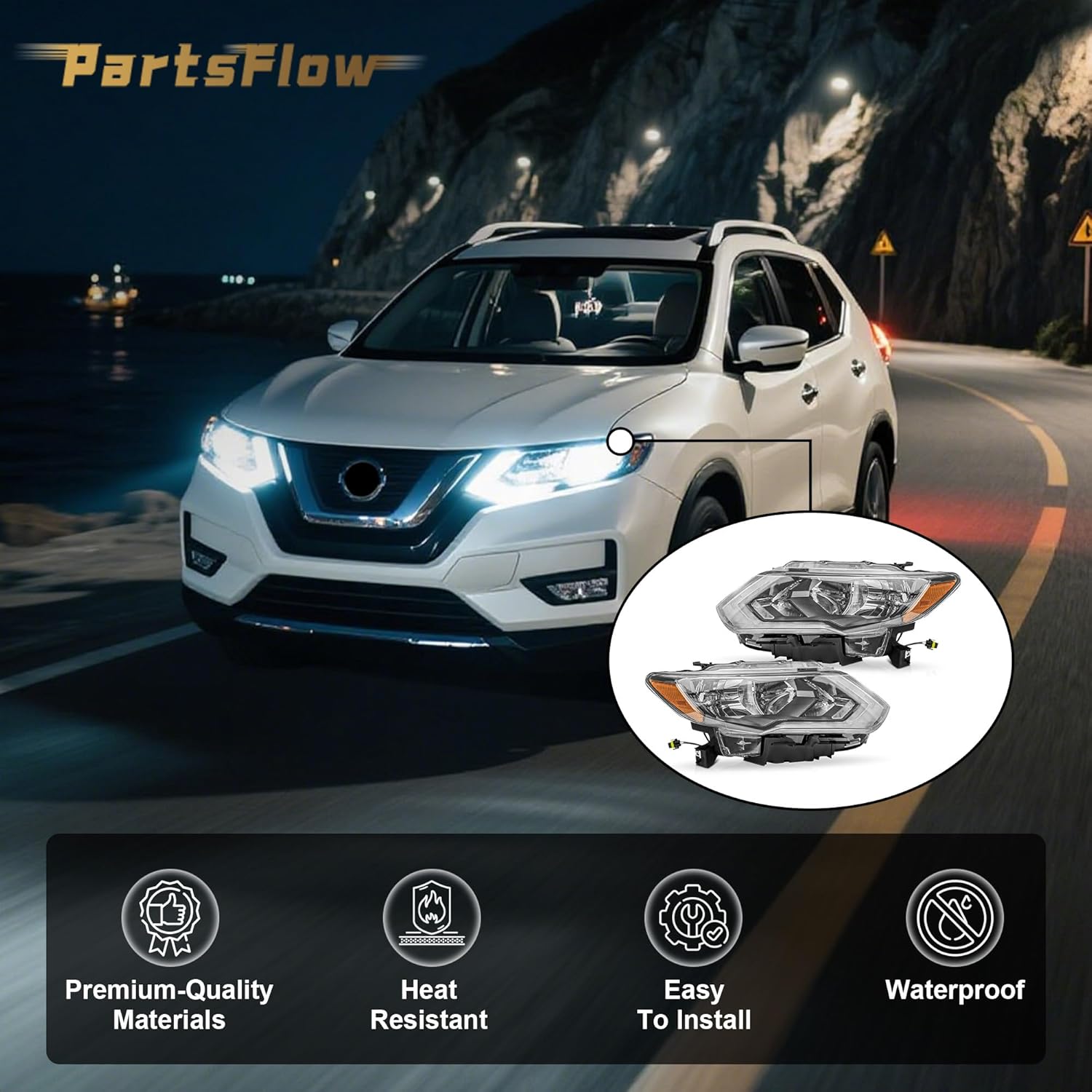 2PCS Halogen Headlight Assembly Left And Right Side Headlamp For 2017 2018 2019 Nissan Rogue NI2502254 NI2503254