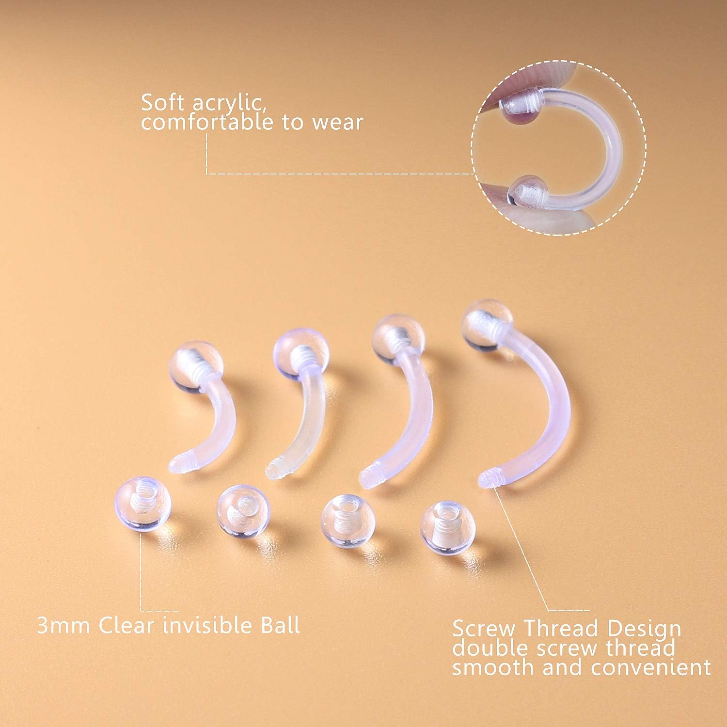 Hoeudjo 16G Clear Flexible Curved Eyebrow Ring Rook Piercing Retainer Cartilage Tragus Daith Snug Barbell Bioplast Retainers for Work 16-36 Pieces