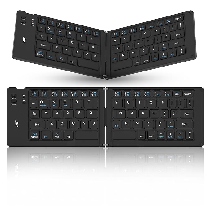 ANT WK150 Ergonomic Foldable Wireless Bluetooth Keyboard Split Travel Keyboard Wireless Rechargeable Portable Wireless Keyboard Compatible with iOS Android Windows Smartphone Tablet or Laptop-Black