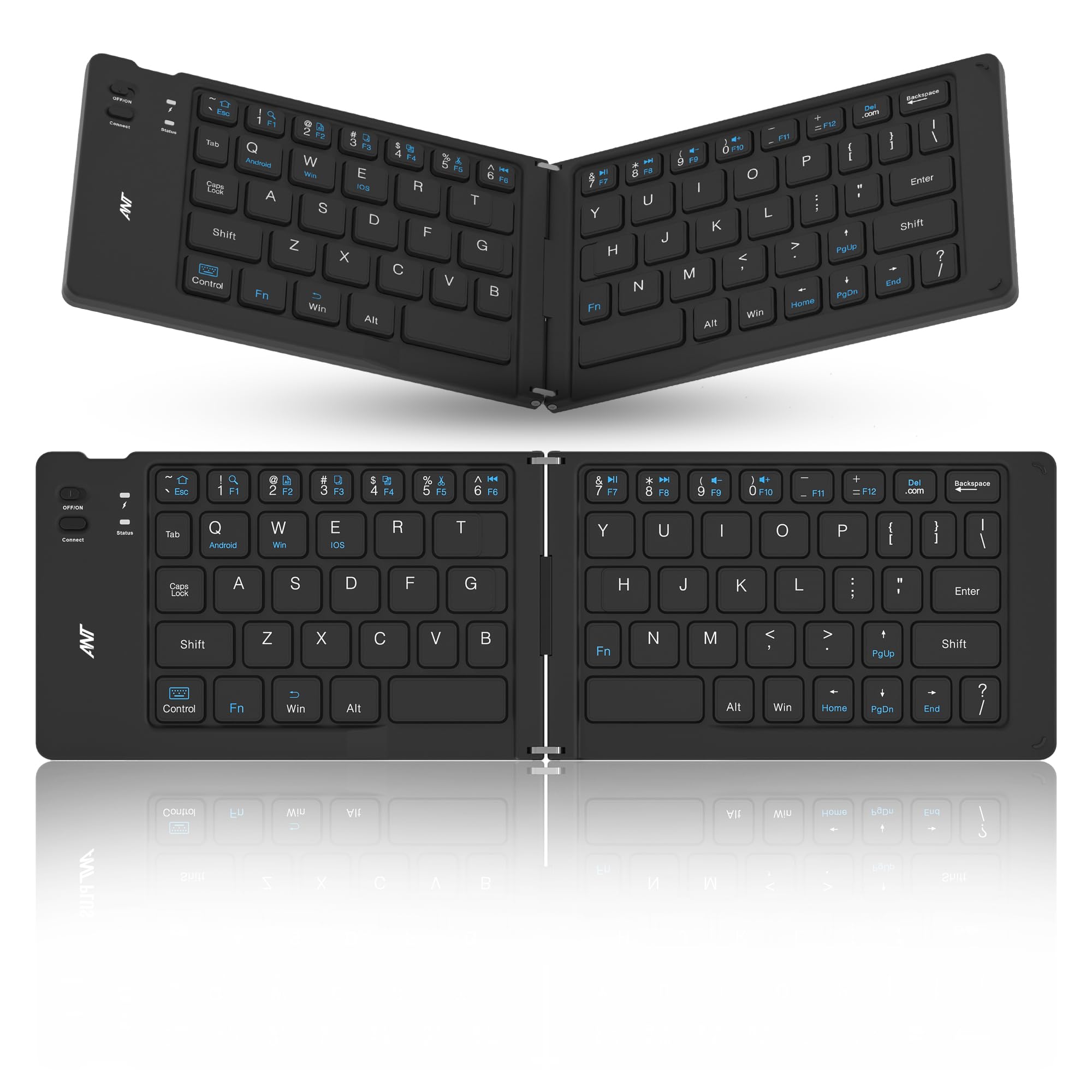 ANT WK150 Ergonomic Foldable Wireless Bluetooth Keyboard Split Travel Keyboard Wireless Rechargeable Portable Wireless Keyboard Compatible with iOS Android Windows Smartphone Tablet or Laptop-Black