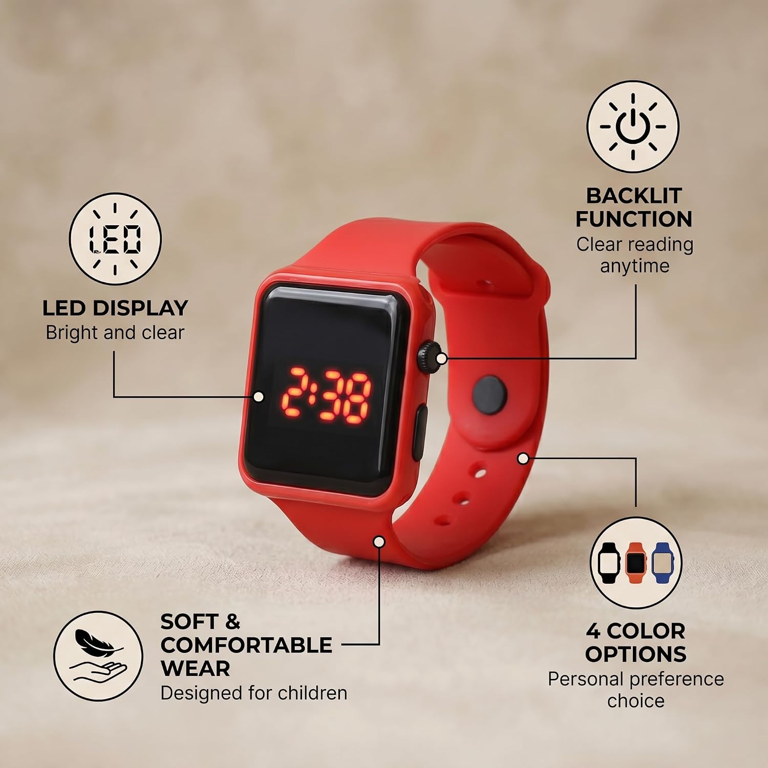RiToEasysports LED Screen Sport Watch Backlit Digital Kids Watch for Leisure Activities, Plastic Strap in 4 Color Options