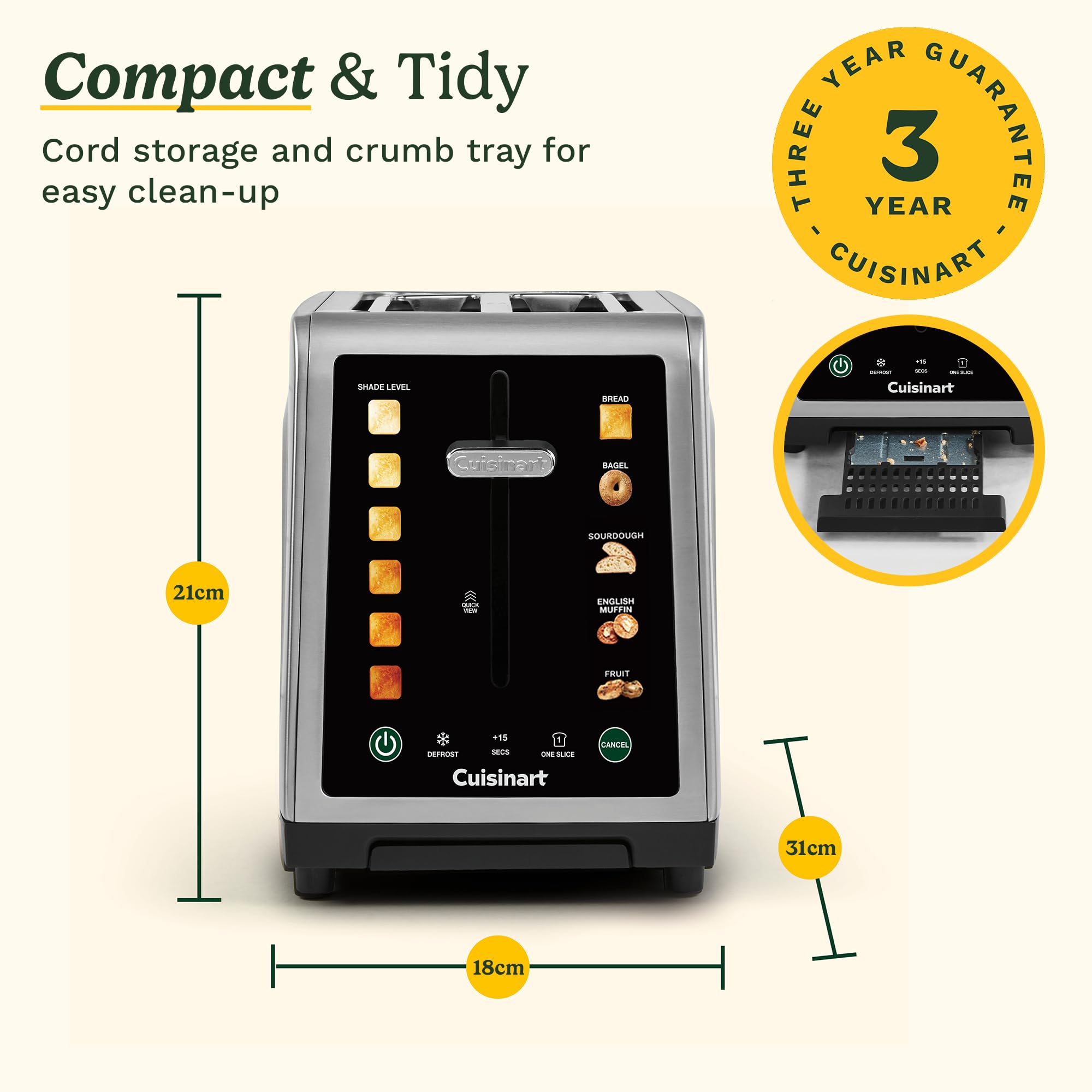 Cuisinart Tostapane SimpliTouch XL Color Touchscreen a 2 fette | Slot extra-large | Display touchscreen a colori | QuickView High-Lift | Preset per pane, bagel, pasta madre, muffin e pane alla frutta