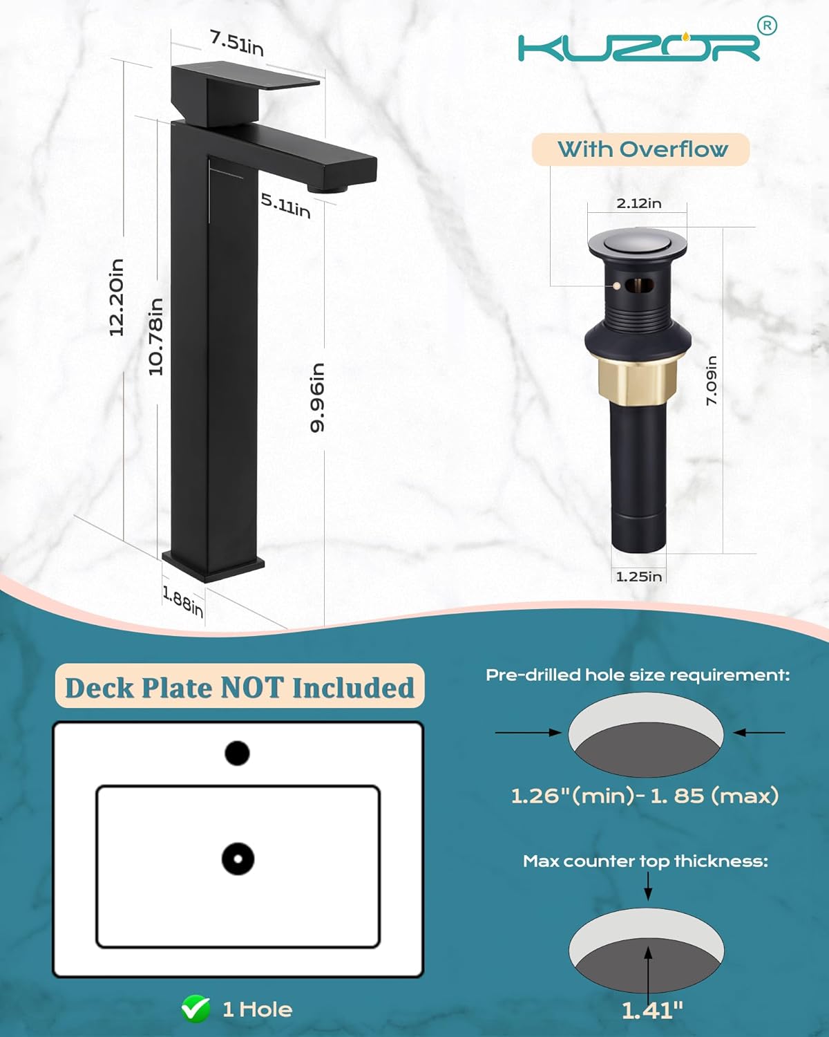 Technical drawing of KUZOR faucet dimensions and sink hole requirements.