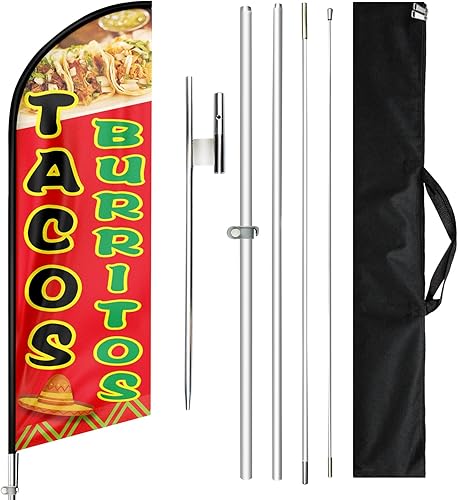 Bandera de tacos y burritos, banderas de plumas de tacos de 11 pies para empresas, letrero de tacos con poste y punta de tierra para publicidad al
