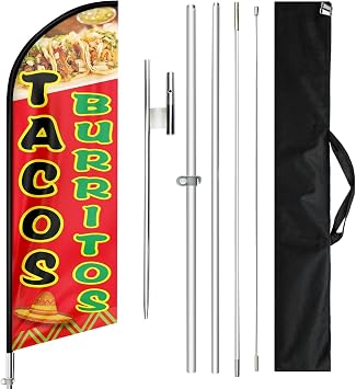 Tacos Burritos Flag, 11FT Taco Feather Flags for Businesses, Tacos Sign with Pole and Ground Spike for Outdoor Advertising for Mexican Food Trucks, Stands & Restaurants
