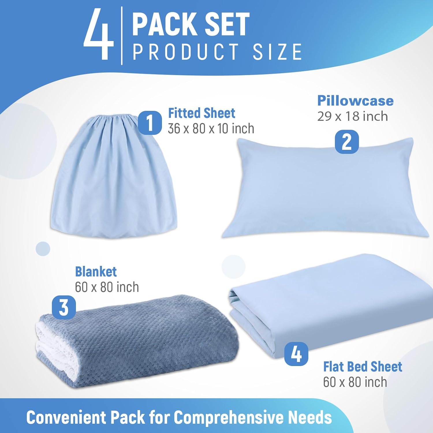 SmoothNovelty 4 Pcs Hospital Bed Sheets Set, Soft Knitted Standard Sheets Quality, Include Fitted Coverlet, Quilt Cover, Pillow Case and Blanket(Blue)