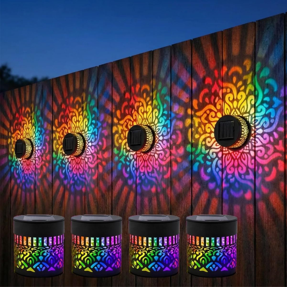 4pcs Solar Mandala Wall Lights, Seven-Color Changing Fence Lights