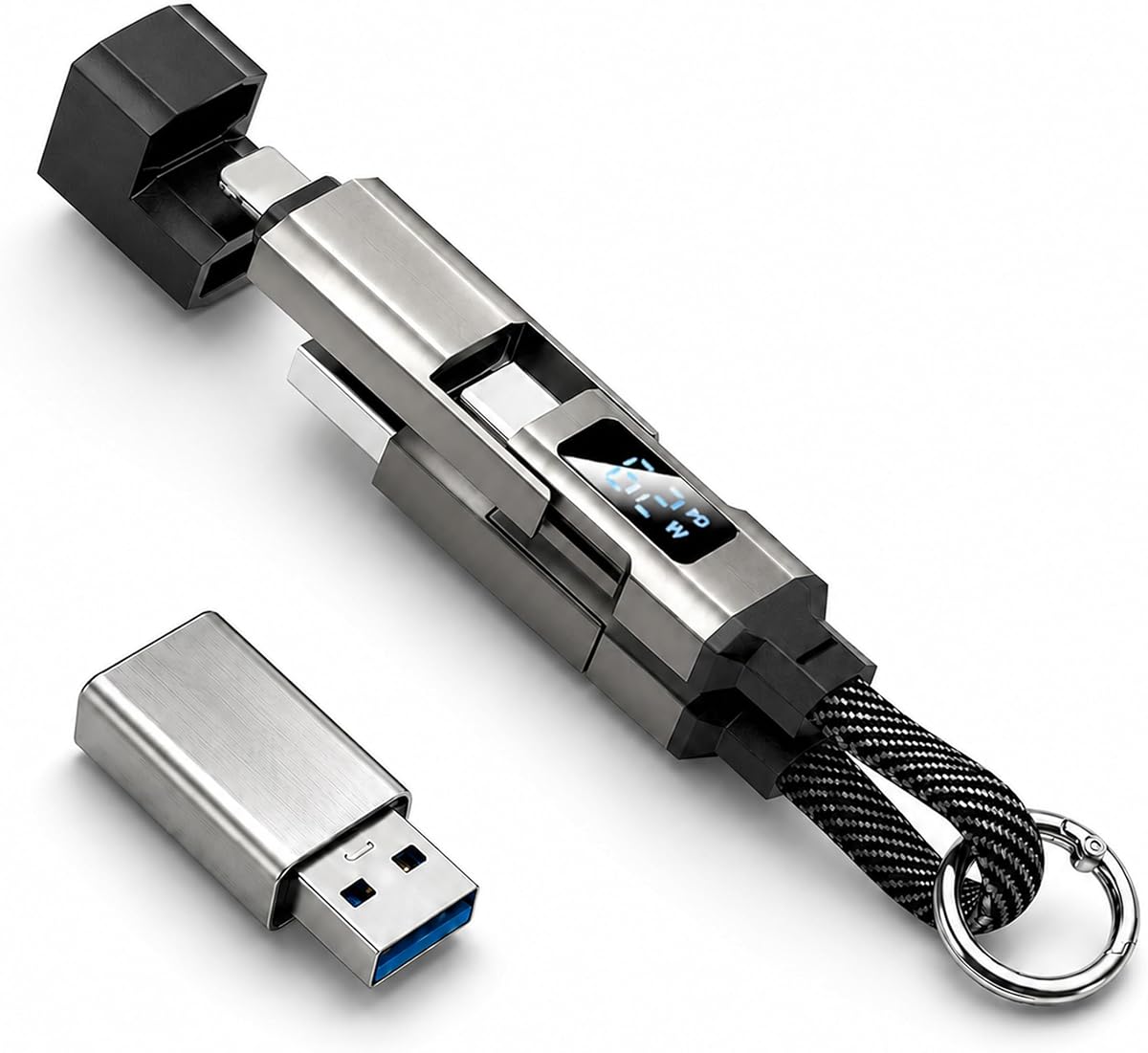 4-in-1 Keychain Charging Cable, USB-C/USB-A Input to USB-C and 8-Pin Output, Short Portable Charging Cord, 180° Rotating Travel Cable for Phones, Tablets, Power Banks, Black