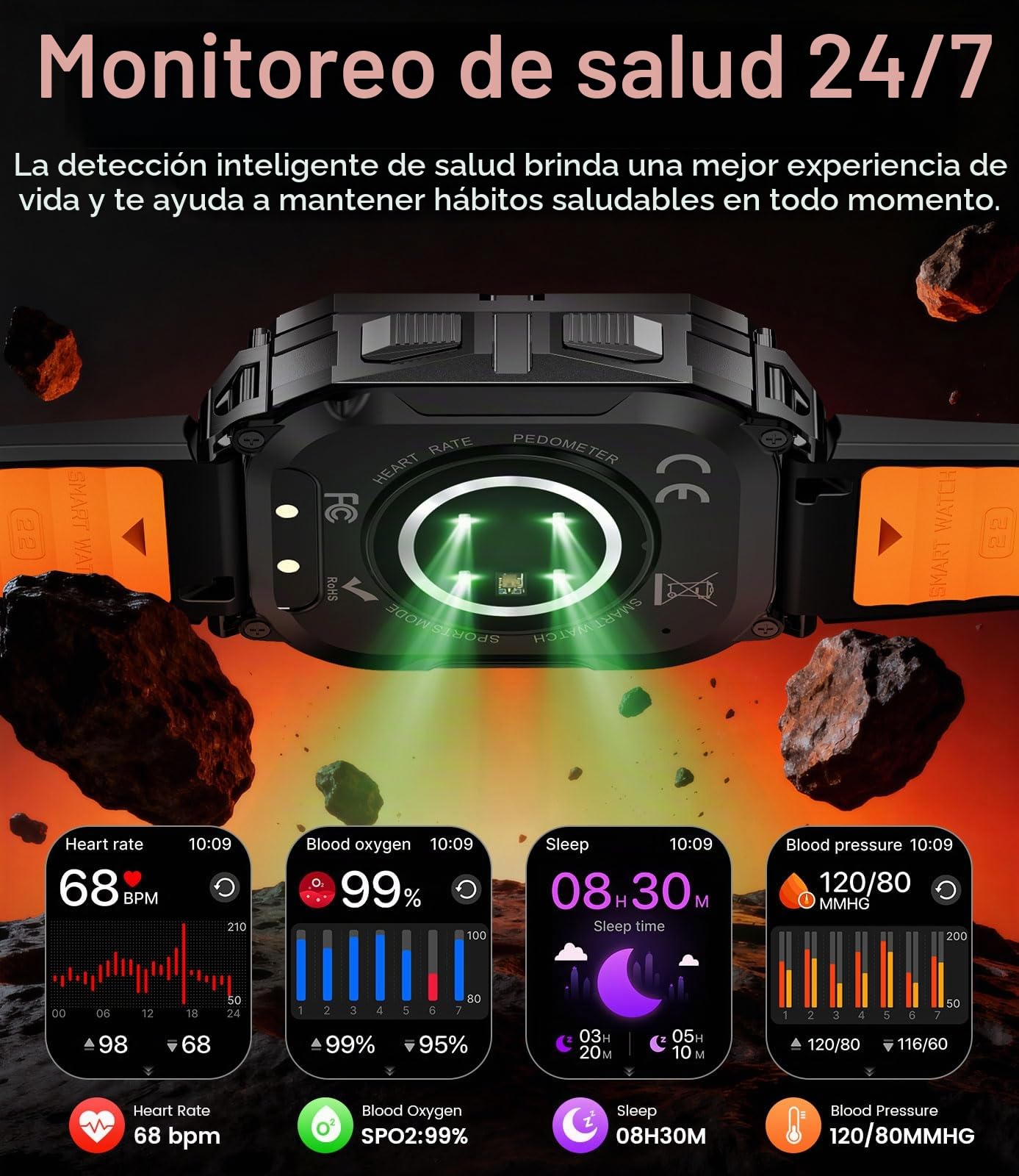 Reloj Inteligente Hombre, Llamadas Bluetooth, 2.01"HD Smartwatch Hombre con Linterna, 900 mAh, Sueño/Frecuencia Cardíaca, 100+ Modos Deportivos, IP68, Compatible con Android e iOS, Negro-Naranja