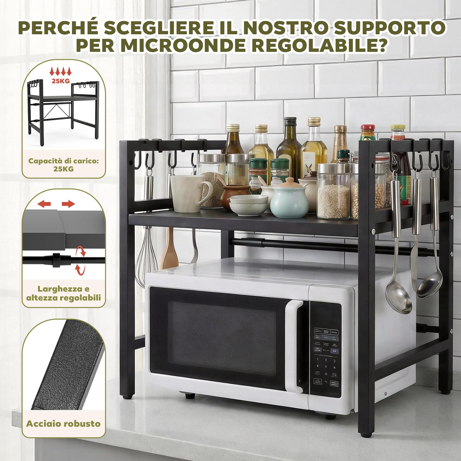 Supporto Regolabile per Microonde e Forno – Ripiani per Elettrodomestici da Cucina, con 8 Ganci per Spezie & Utensili, Antiruggine, Nero