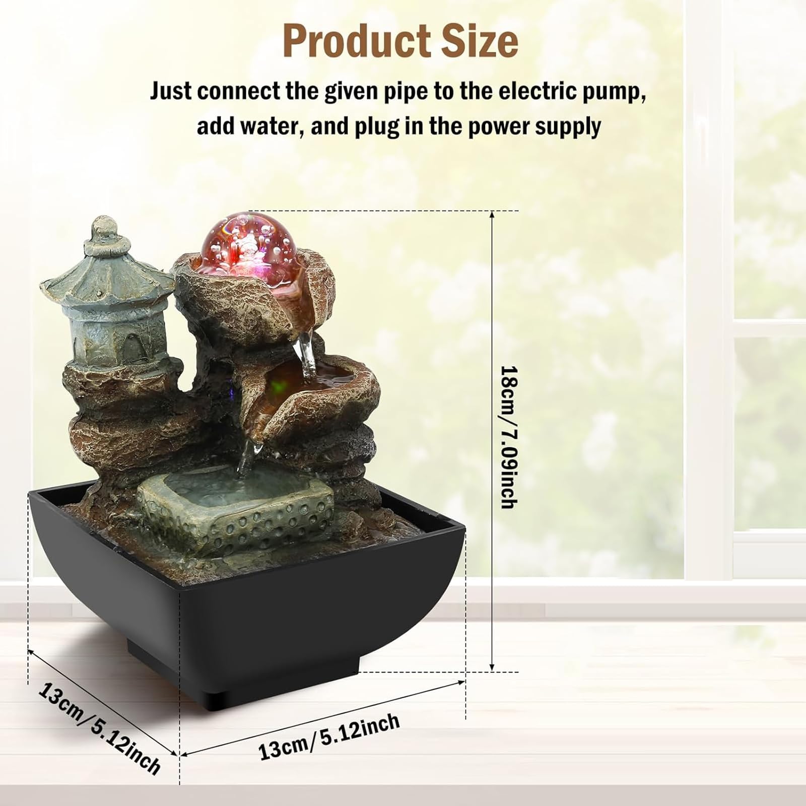 Fontana da Tavolo per Interni con Cascata Decorativa E Sfera di Cristallo Illuminata, Pompa Sommergibile Silenziosa per Relax E Meditazione, Piccola Fontana per Casa, Ufficio E Scrivania.