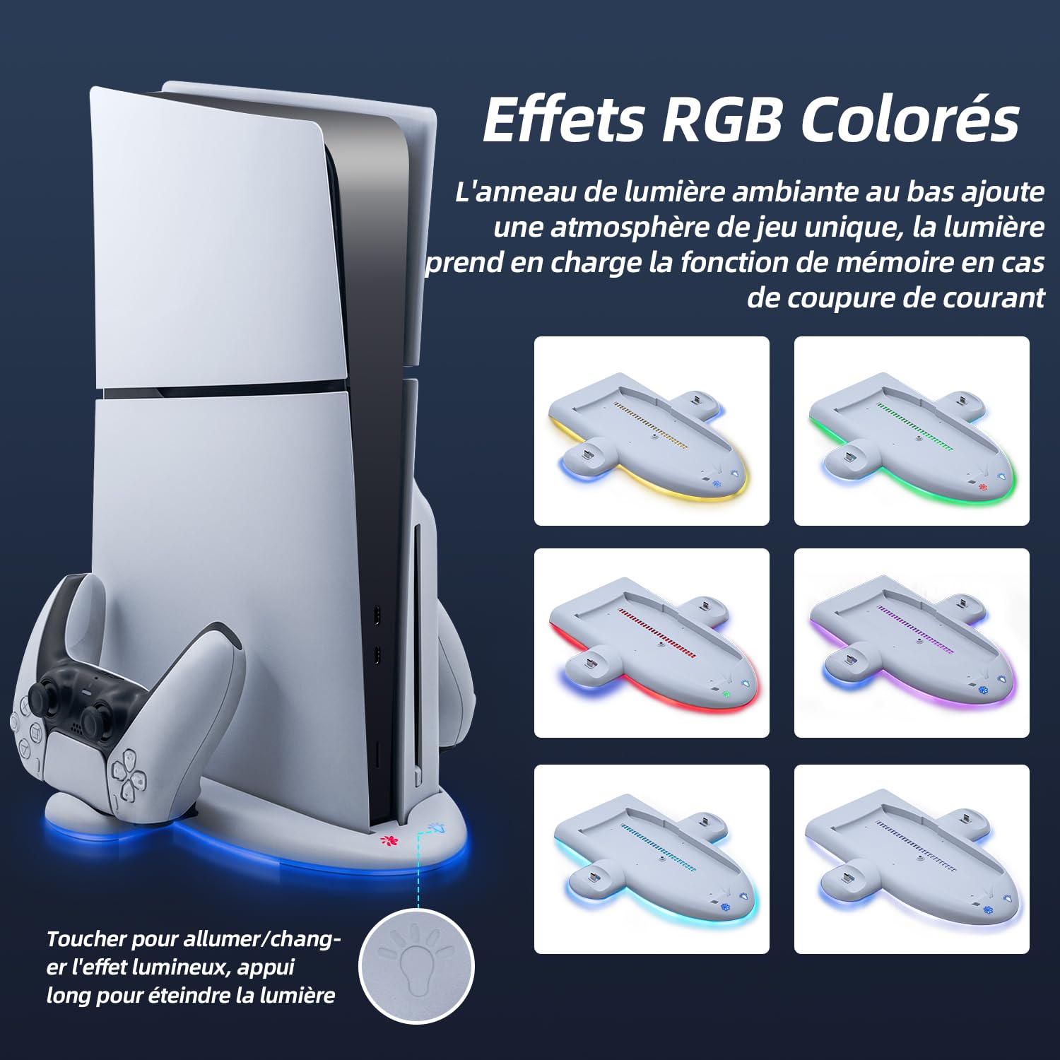 Wigearss PS5 Slim Ventilateur Station de Refroidissement, Support de Charge Vertical avec Chargeur Double Manette avec Vitesse de Ventilation Réglable sur 3 Niveaux, Lumières RGB(Pas pour PS5/PS5 Pro)