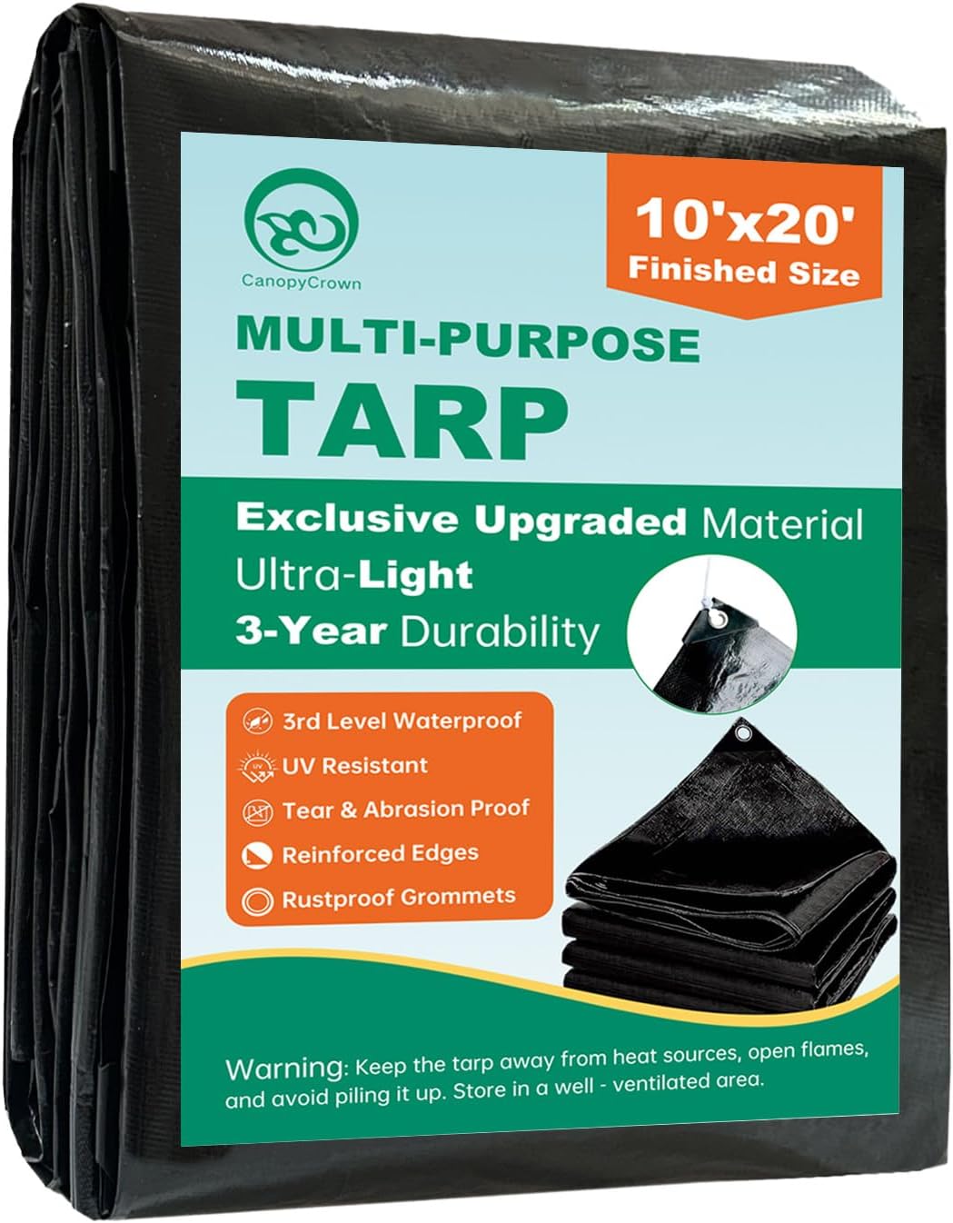 Tarp, 10x20FT Lightweight but Durable Tarp Waterproof with Metal Grommets & Reinforced Edges, Textile Thick Rip and Tear Proof UV Resistant PE Cover for Cars, Camping, Ponds