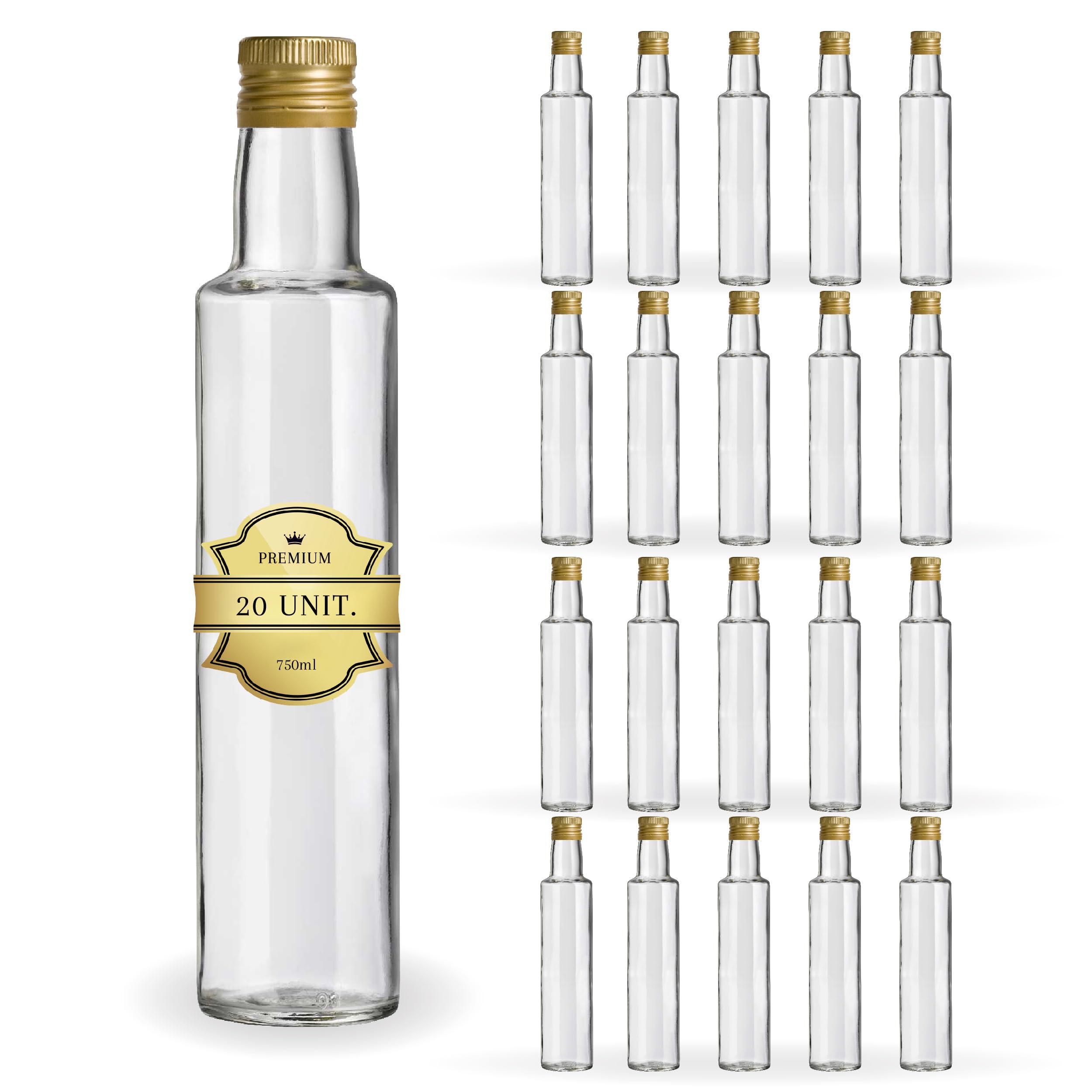 Espirito Rebelde - 20 botellas de vidrio oscuro 750 ml con tapón de rosca dorado - aceite de oliva, vinagre, alcohol - aceitera de cristal