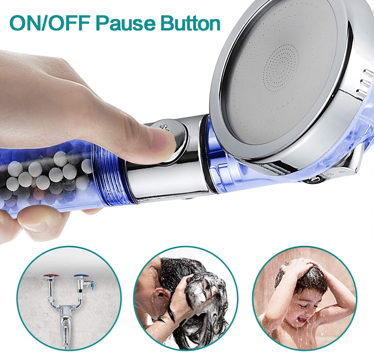 MIAOHUI Blue Zenbody Shower Head with Filter Beads, 3 Modes Showerhead with On Off Switch, Handheld Eco Water Spa Shower Head with Hose, Adjustable Bracket, Self-adhesive Holder