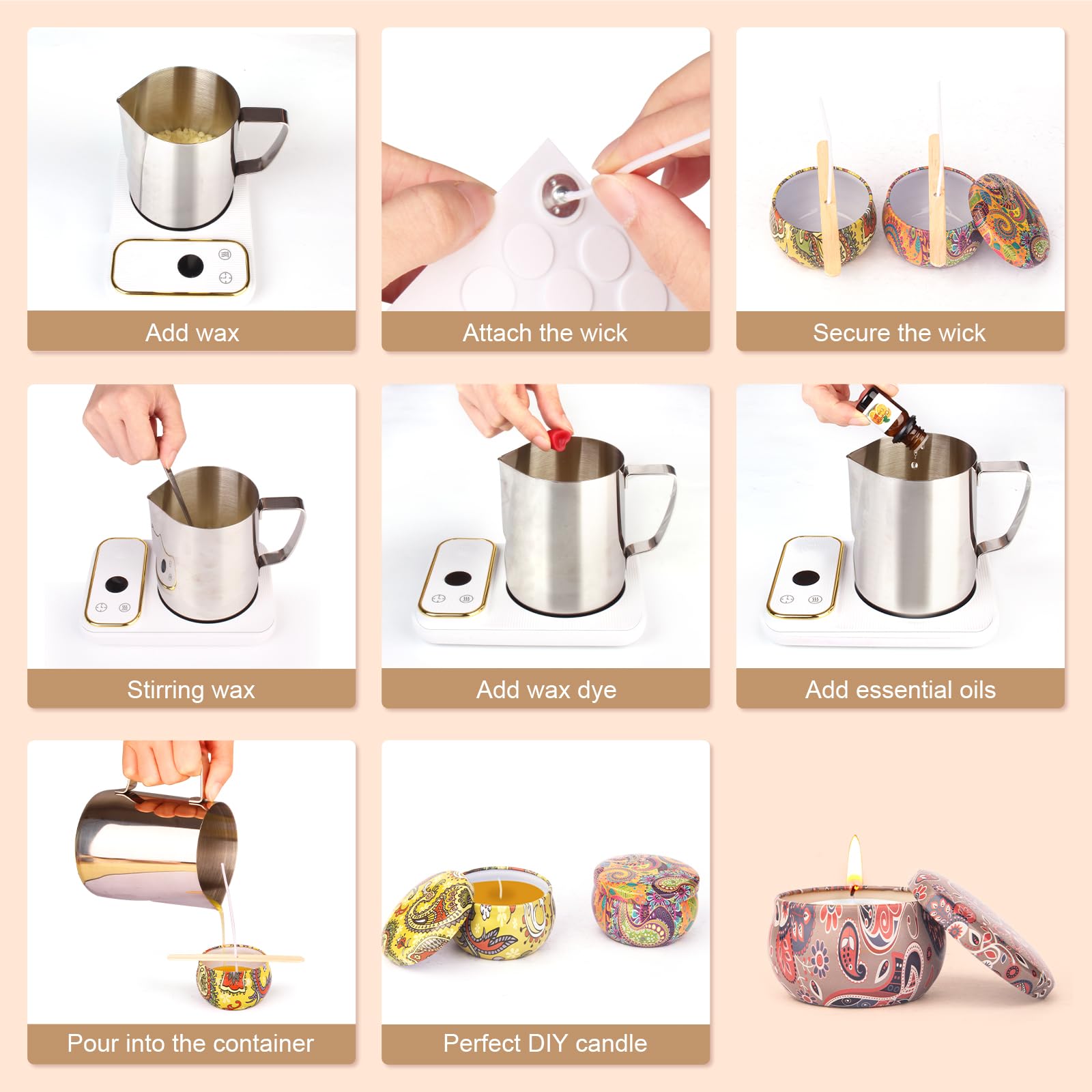 Kit Completo Per Creare Candele Profumate Fai Da Te - Con Cera D'Api Naturale, 8 Barattoli, 6 Oli Essenziali, Stoppini E Colori (Ideale Regalo Creativo)