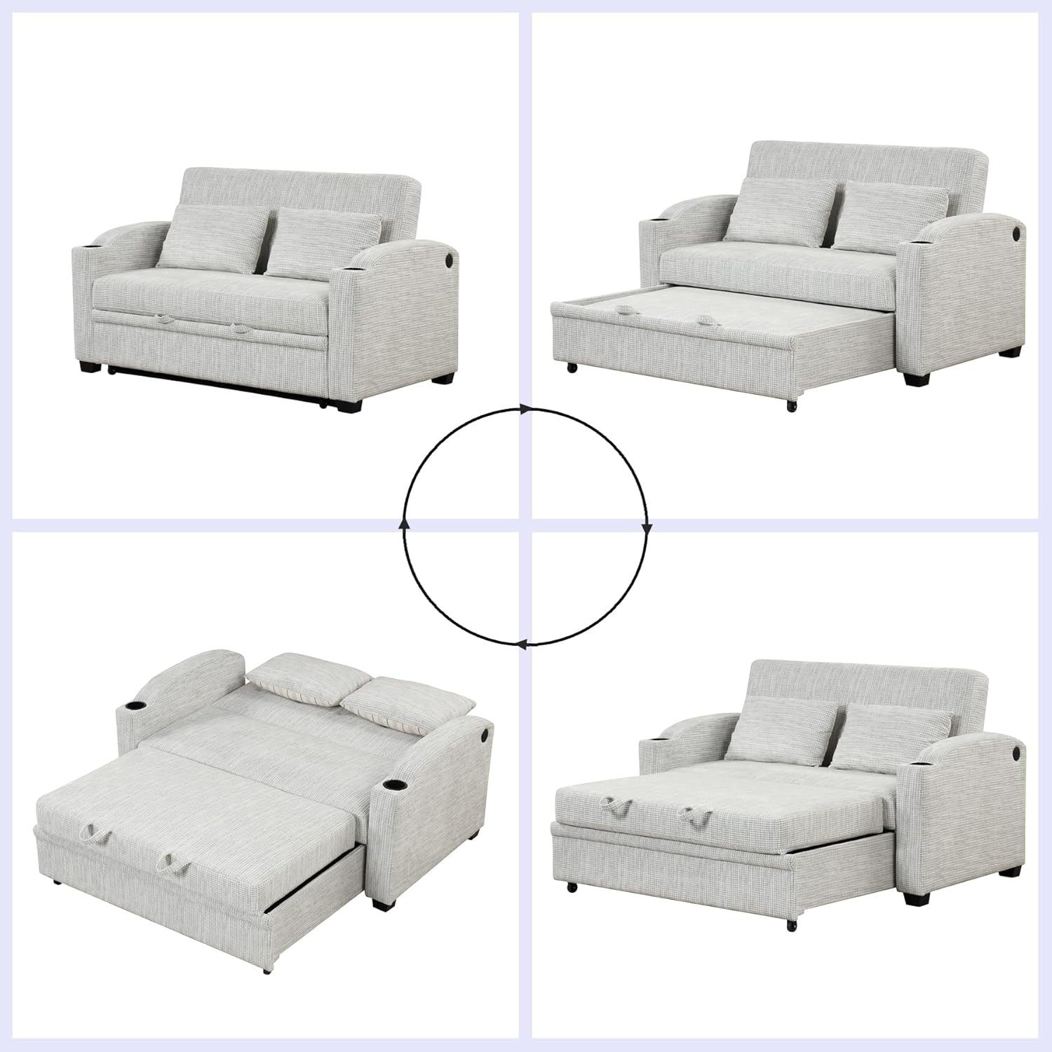 Convertible Sofa Bed Queen Size, 3 in 1 Sofa Bed Couch with Adjustable Backrest, Chenille Upholstered Pull Out Sleeper Sofa with 2 Pillows & Cup Holders & USB Ports (White Gray)