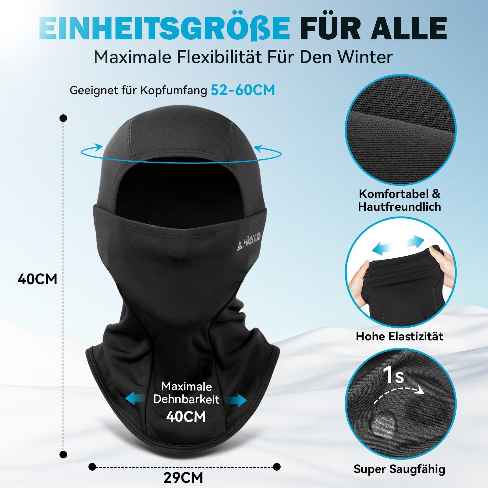 HIKENTURE Sturmhaube Winter, Balaclava Herren Damen, Winddichte Sturmmaske Schwarz, Warme Skimaske Motorrad Fahrrad, Ski Mask, Sturmhauben, Gesichtshaube für Outdoor Sports, Skifahren, Radfahren