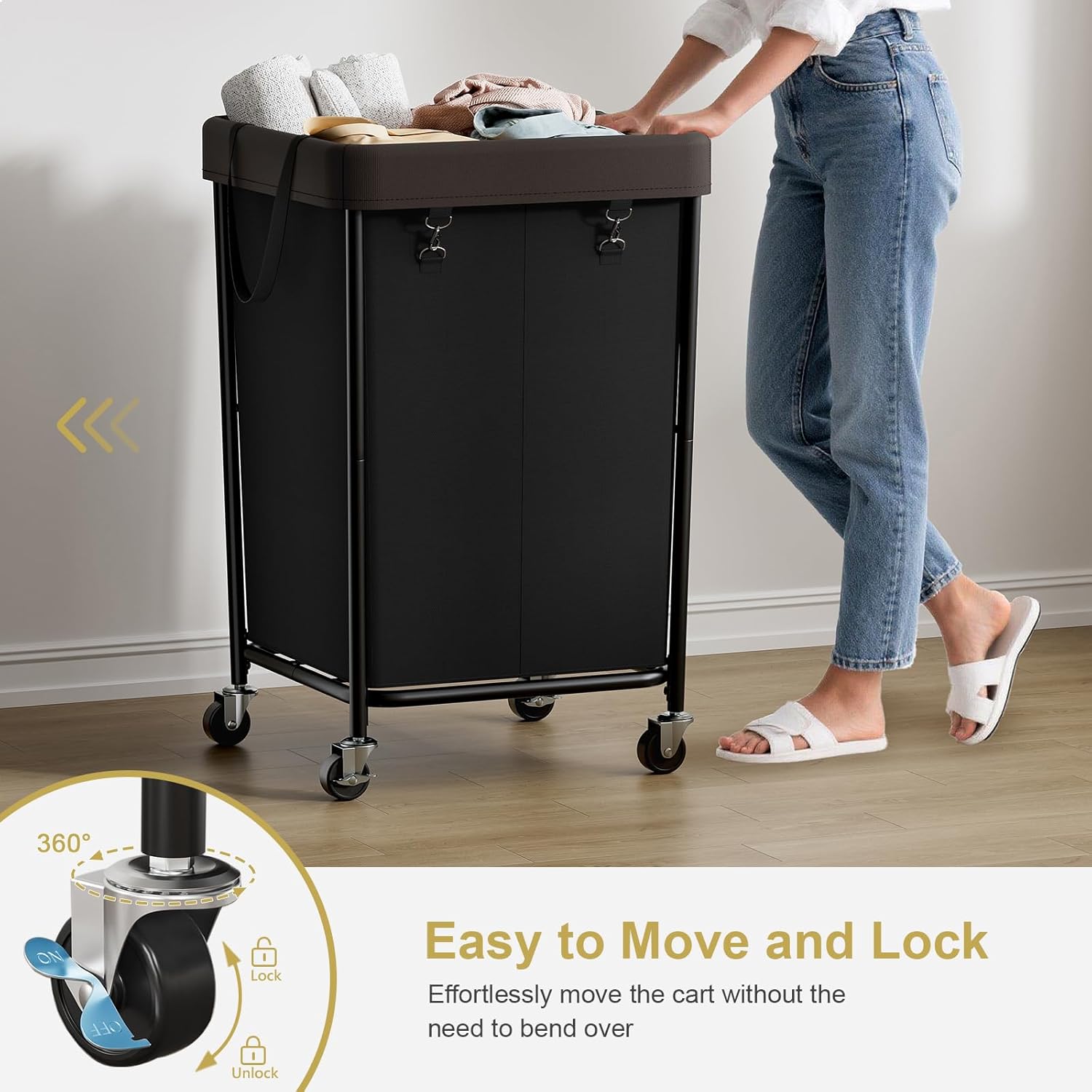 Chrislley 160L Laundry Hamper with Wheels, 2 Section Large Laundry Basket with Removable Bag, Steel Frame Dirty Clothes Hamper, Rolling Laundry Cart for Bedroom, Bathroom, Dorm, Hotel, Black