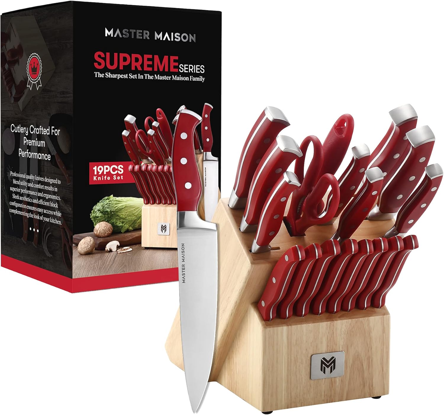 19Piece Premium Red Kitchen Knife Set with Knife Block Master Maison