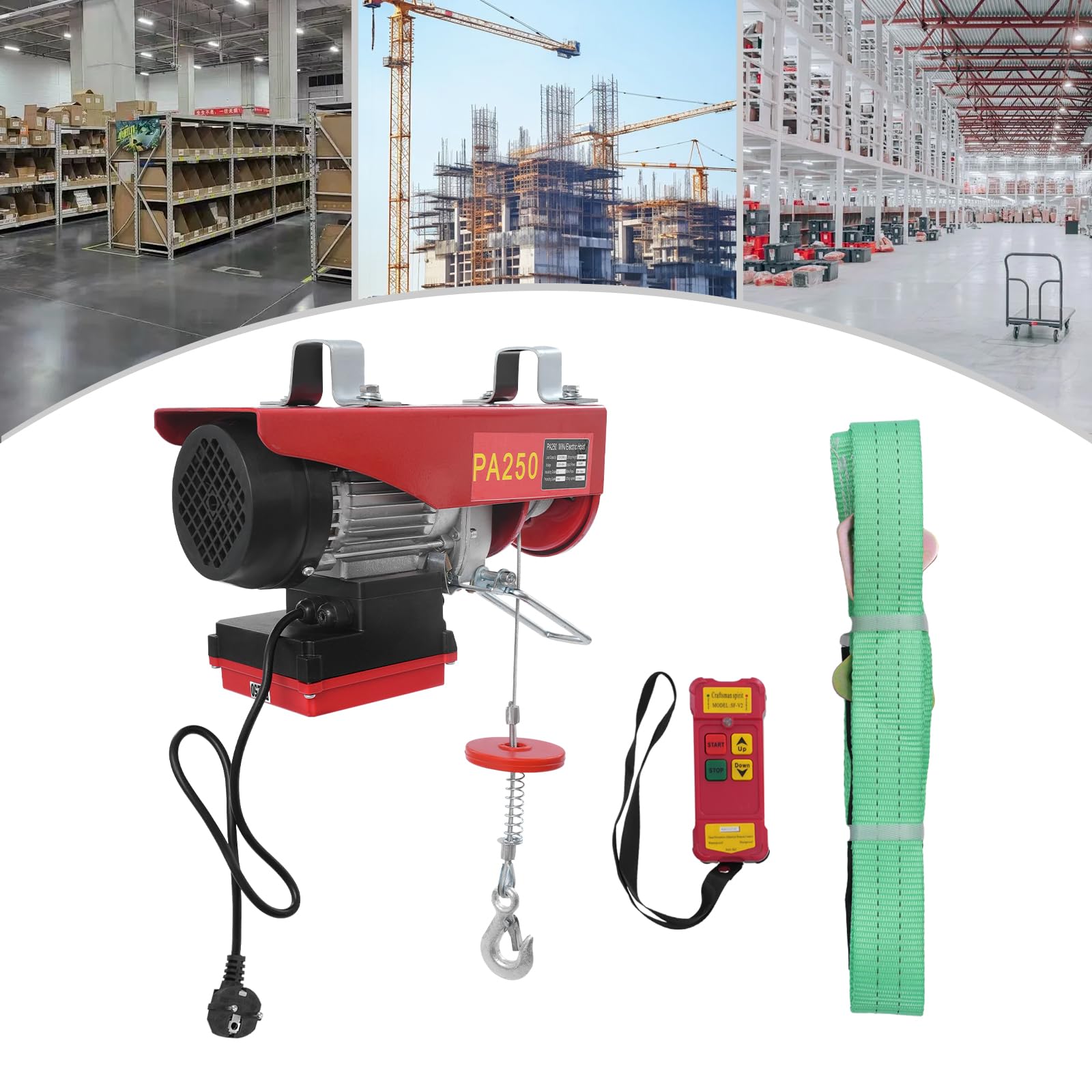 Paranco elettrico, 550 W, 250 kg/551,16 lbs (doppio cavo), 125 kg/275,58 lbs (cavo singolo) con telecomando senza fili, 2 ganci e corda metallica da 12 m/6 m, per agricoltura, fabbriche, dock, ecc