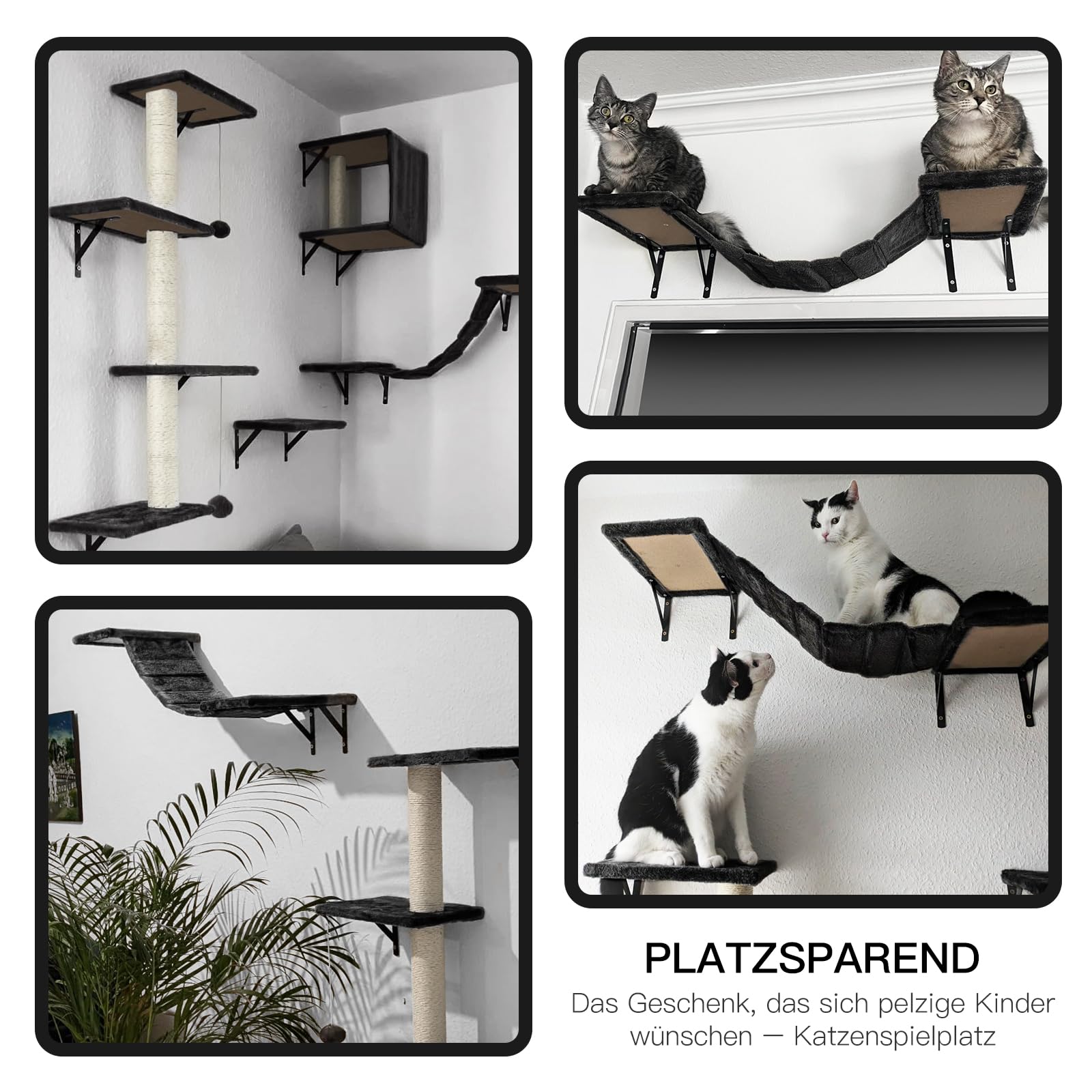 Zvonema Kletterwand Katzen, Katzen Wandelemente 10-teilig, Stabiler Holz Katzenwand, Bequem Plüsch Katzenmöbel, Kratzbaum Wand mit Katzenhaus, Brücke, Treppe, Kratzbrett, Katzenliege & Hängeball