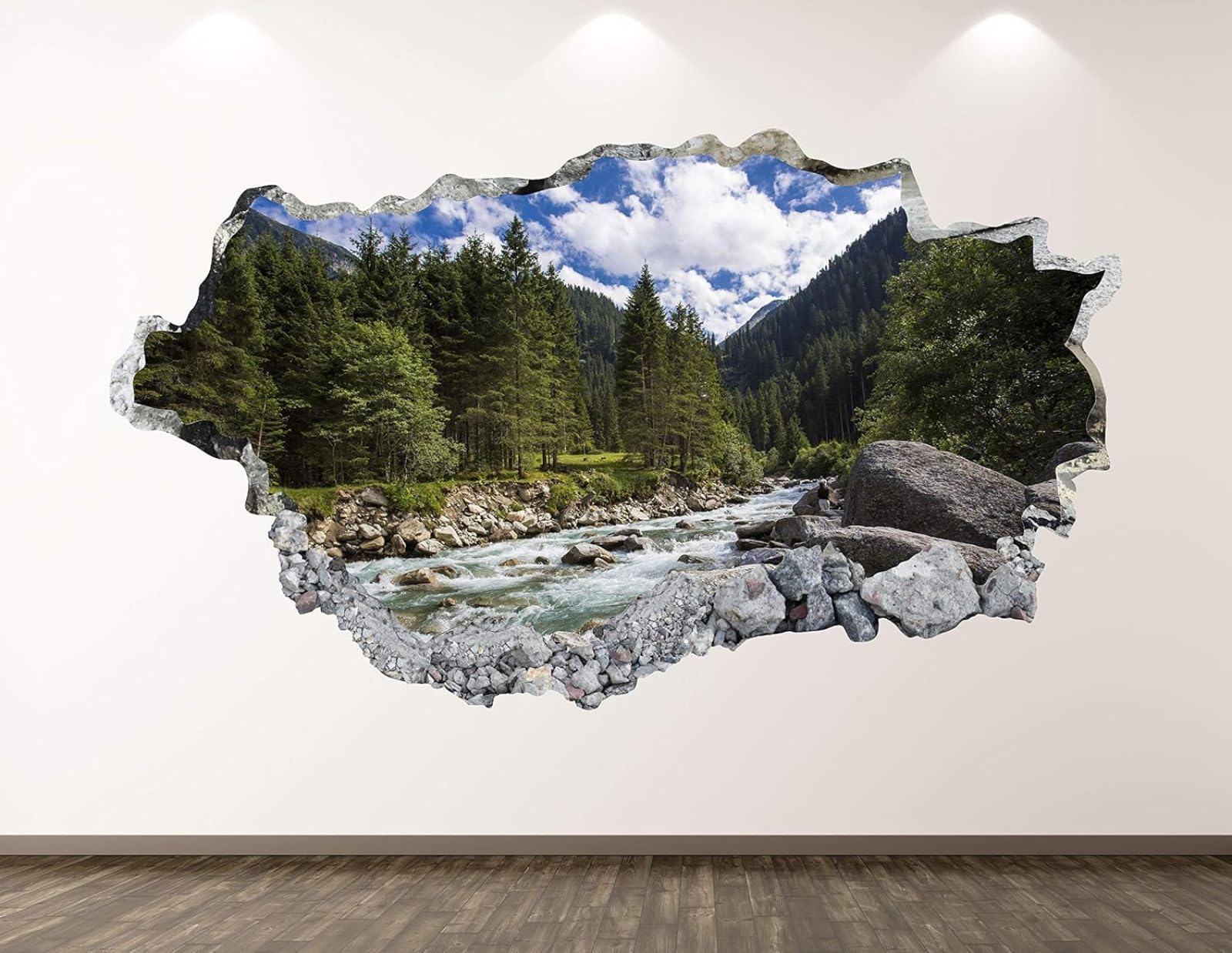3D Wandaufkleber Flusswald Naturlandschaft Durchbruch Wandtattoos Deko Wand Selbstklebend, Wand Aufkleber Wanddurchbruch Wandsticker für Zuhause, Badezimmer, Schlafzimmer, Wohnzimmer 70x122cm