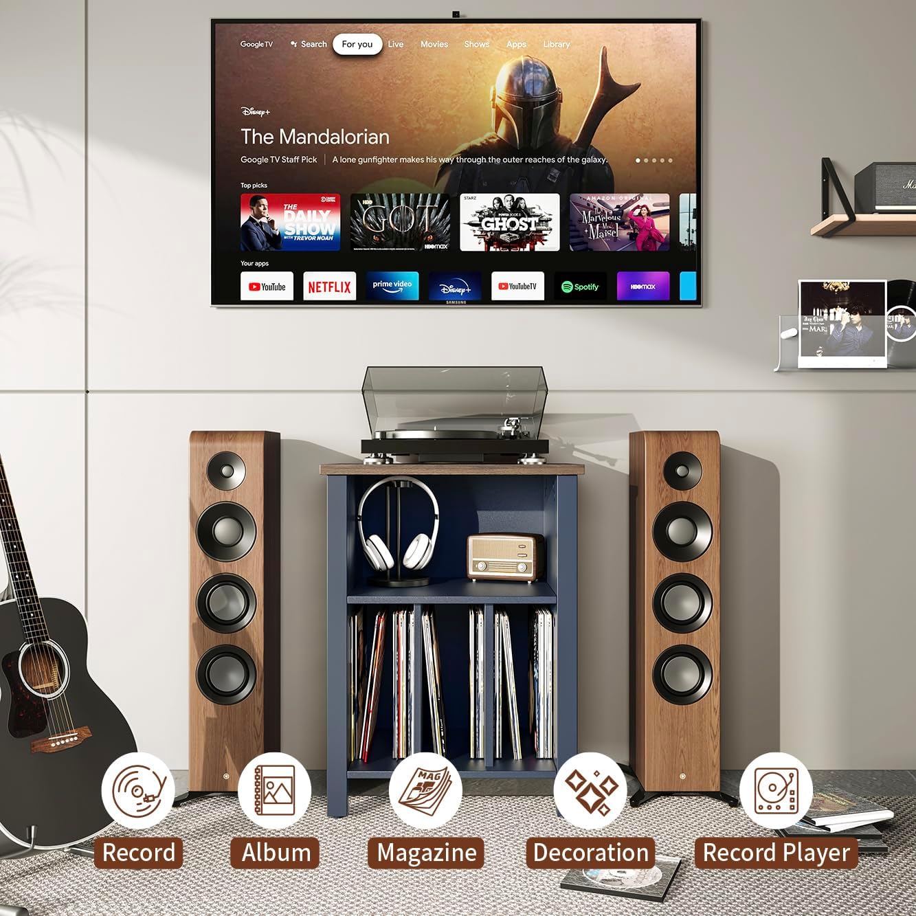 LIDYUK Record Player Stand, Vinyl Record Storage Table End Table with Display Shelf Holds up to 130 Albums, Large Nightstand Wood Turntable Stand Cabinet Side Table for Living Room, Bedroom, Blue