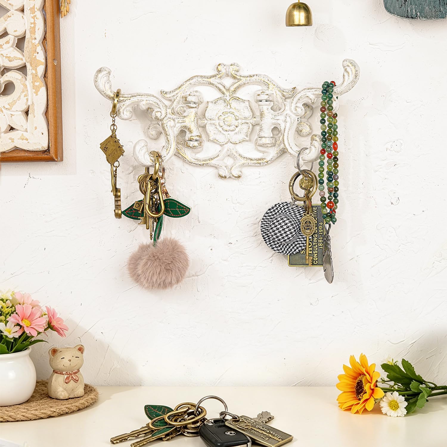 Sungmor Vintage Cast Iron 2-Arm Swivel Double Wall Hooks - Antique White | Decorative Floral and Scrollwork Design, Heavy-Duty Coat Hanger Rack for Towels, Hats, Keys & Farmhouse Home Décor