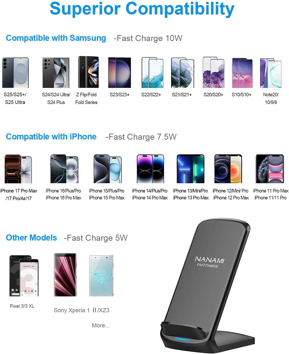 NANAMI Wireless Charger [2 Pack] - 10W Fast Wireless Charging Stand for iPhone 17/17 Air/16/16 Plus/15/14/13/12, Cordless Phone Charger for Samsung Galaxy S26/S26+/S25/S25 Ultra/S24/S23/S22, Pixel 6