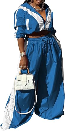 LAJIOJIO Track Suits for Women Set 2 Piece Sweatsuit Long Sleeve Cropped Jacket Wide Leg Pants with Pockets