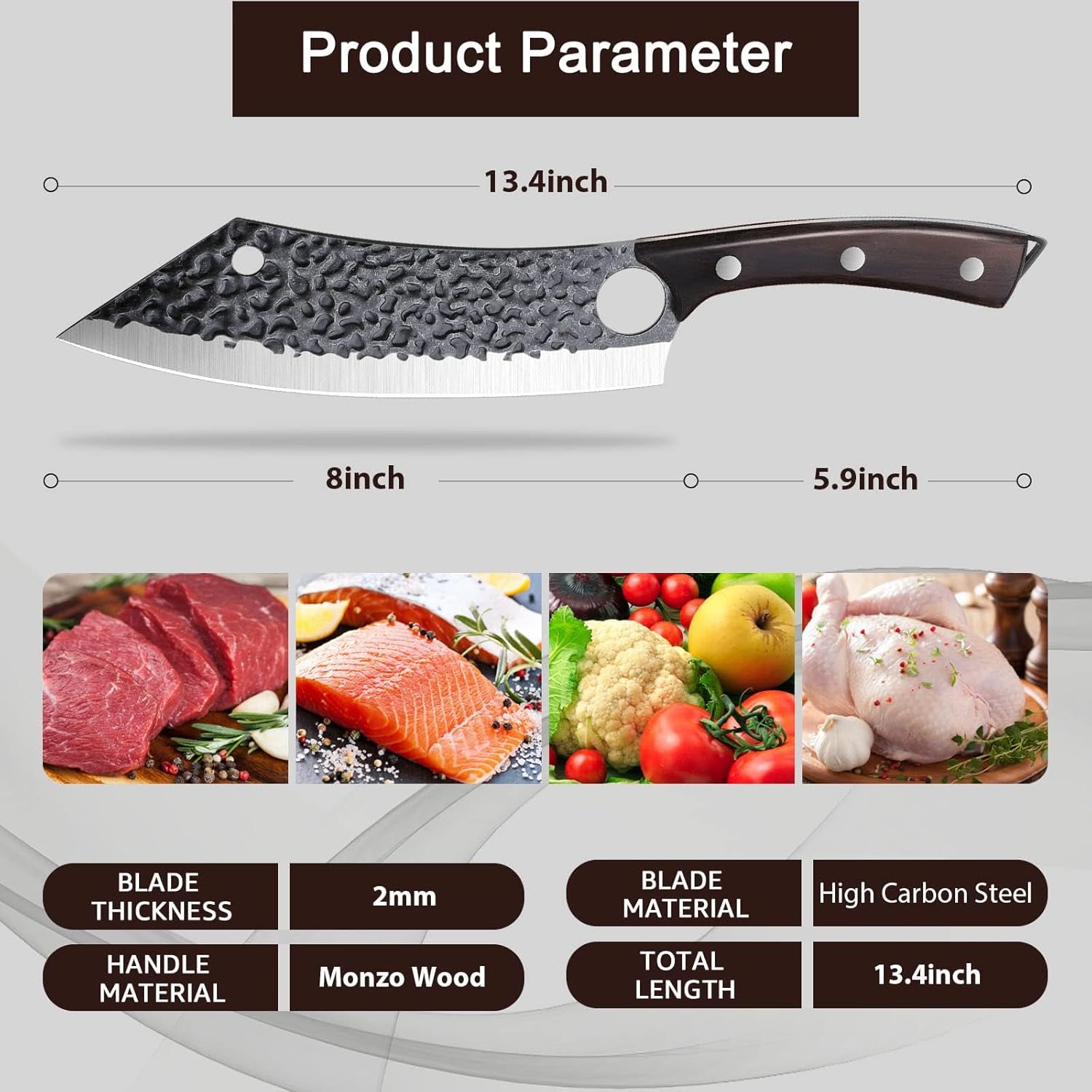 Purple Dragon Kitchen Knife 8 Inch Ultra Sharp Japanese Butcher Knife for Meat Cleaver Vegetable Cutting with Finger Hole Hand Forged High Carbon Steel Chef Knives Christmas Gift for Men and Women - Image 2
