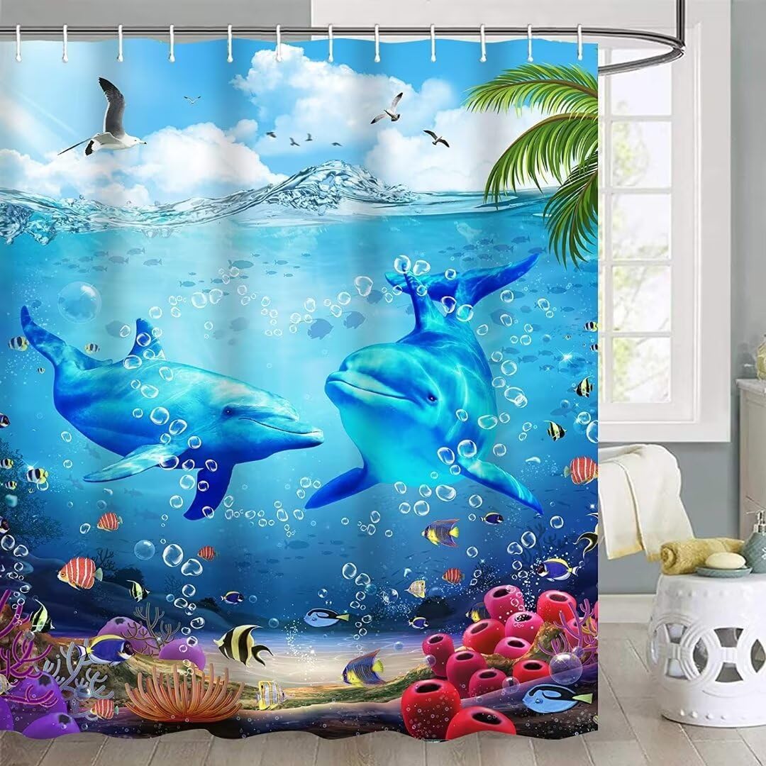 Yizheer 4Pcs Blue Ocean Dolphin Shower Curtain Sets with Rugs, Toilet Lid Cover and Bath Mat, Bathroom Shower Curtains Bathroom Decor Set