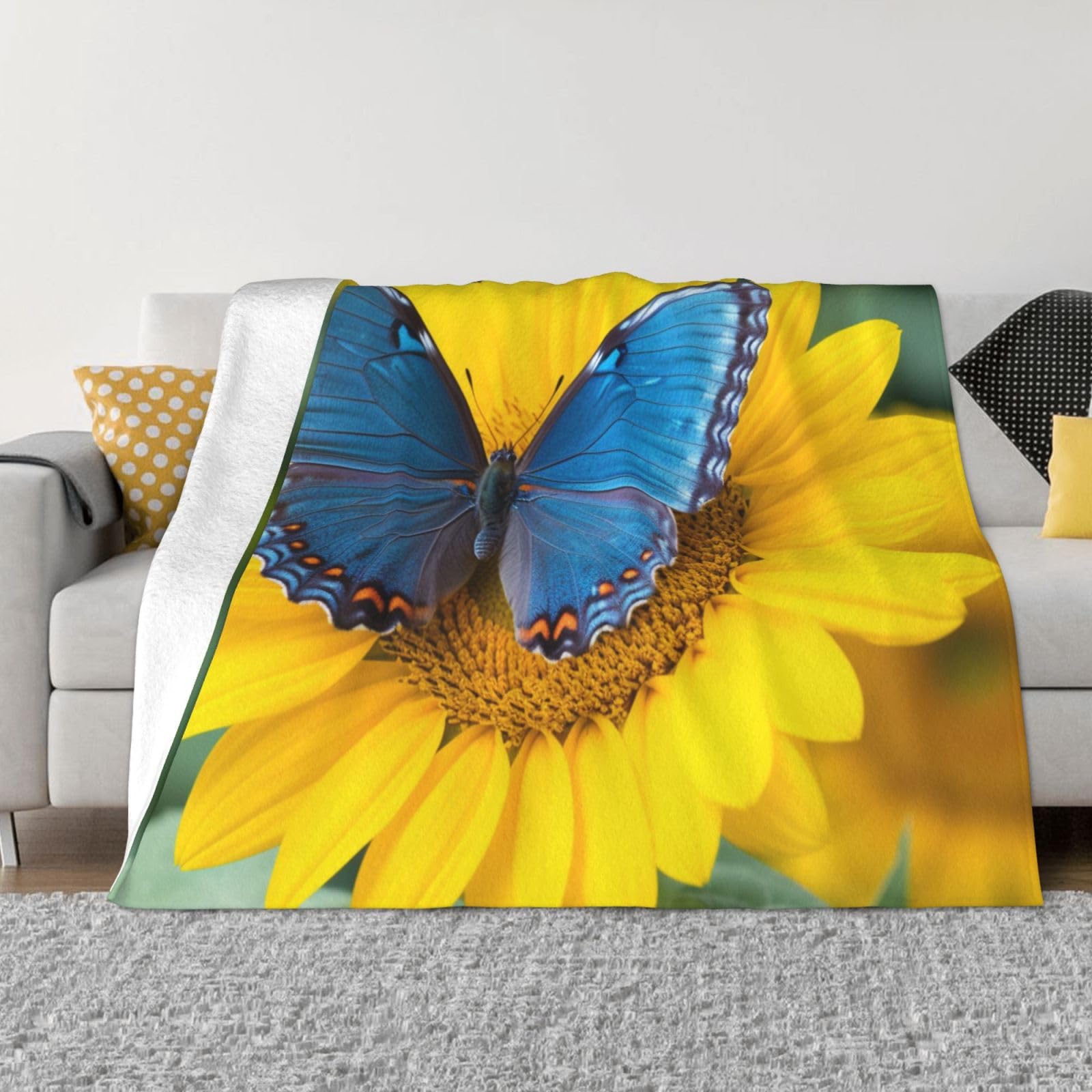 Fodpand Black Sunflower Blue Butterfly Flannel Blanket 60"X50" - Ultra-Soft Lightweight Throw Blanket For Bed, Sofa, And Couch - Luxury Air Conditioning Blankets - Cozy Warm Blankets For All Seasons