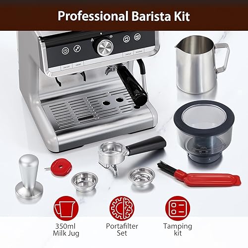 Miniatura 2 de Máquina de café espresso semiautomática - Máquina de café profesional de 1450 W20 bar, 30 ajustes de molinillo, calentamiento rápido, varita de