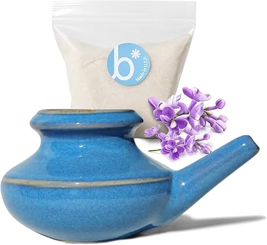 Baraka USA Ceramic Neti Pot w/ 2oz Mineral Sea Salt Saline Nasal Rinse for Seasonal Congestion, Nasal Flush for Sinus Relief, Dishwasher Safe, Lightweight & Easy to Use - No Box Starter Kit Blue