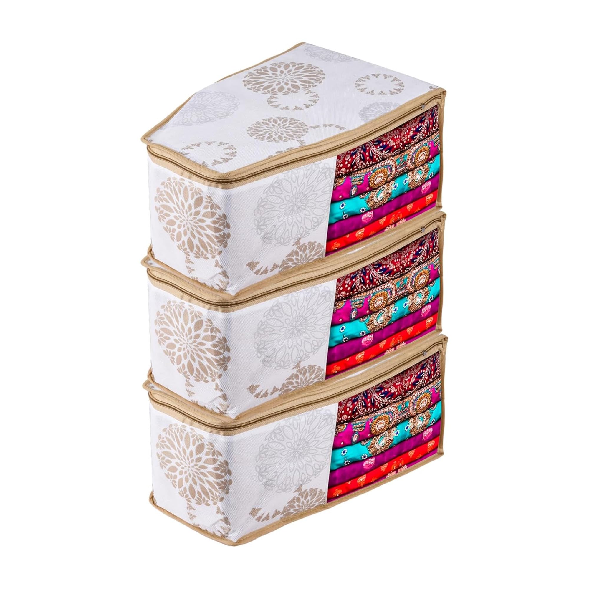 Kuber Industries Non-Woven (Pack of 3) Blouse Cover|Gola-Printed|Clothes Storage Bag|Wardrobe Organiser With Zipper|Side Transparent Blouse Organizer|Blouse Protector Bag|White, 270 x 10 mm