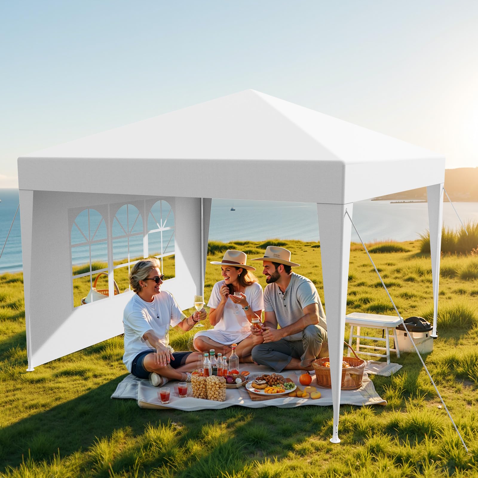 Cenador de jardín resistente al agua, 3 x 9 m, sistema de ranuras estable, varillas de metal, carpa para fiestas, camping, fiestas, lonas de polietileno, con paredes laterales extraíbles, ganchos para