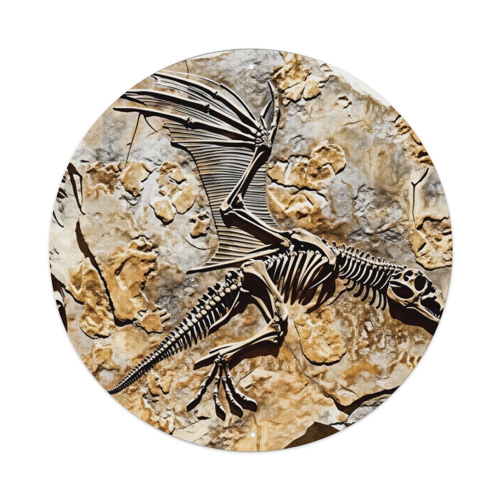 Fossil Dinosaur Skeleton Rock Pattern Round Tin Sign Vintage Metal Poster, Home Bar Garage Man Cave Cafe Indoor & Outdoor Wall Decoration 8x8Inches