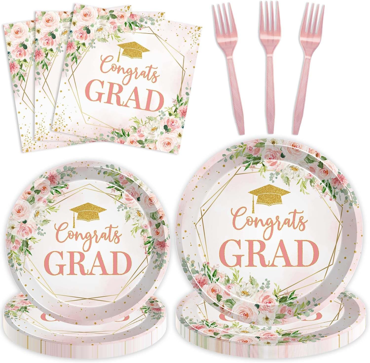 96 Pcs Blush Pink Floral Graduation Party Tableware Set Congrats Grad Disposable Paper Plates and Napkins Watercolor Flowers Class of 2026 Party Supplies for 24 Guests