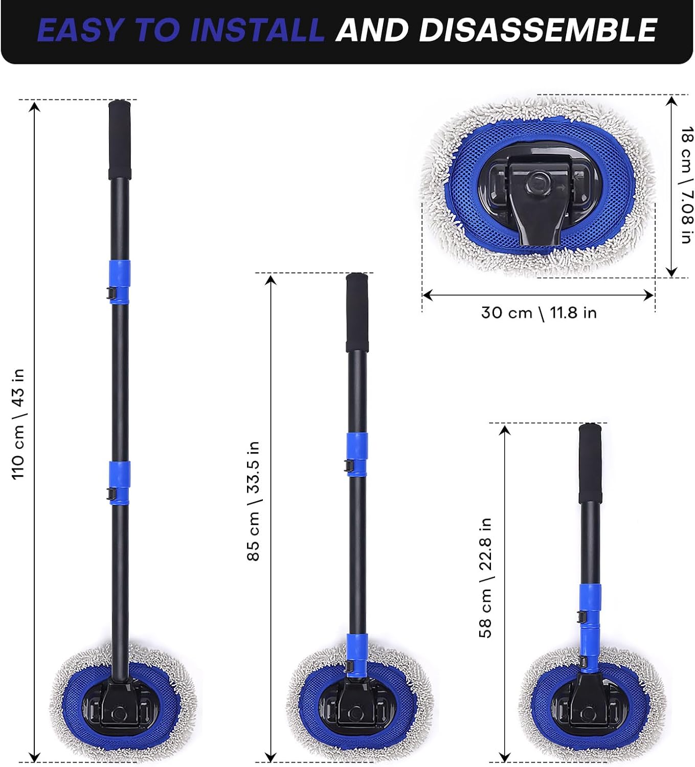 Ultimate Car Wash Brush with Long Handle | 15-Degree Curved Pole Design | Microfiber Brush Head | Adjustable Length | Wide Applications for Car, RV, Truck, Pickup | Car Wash Kit (Blue)