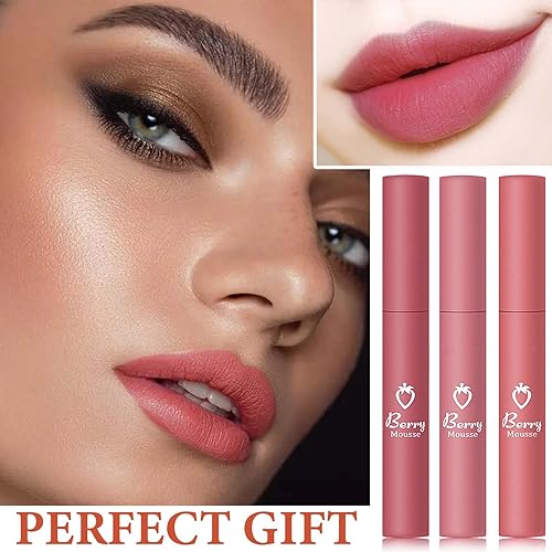Miniatura 7 de Juego de 3 pintalabios color nude mate, lápiz labial líquido natural de terciopelo suave mate, brillo de labios de larga duración, impermeable,