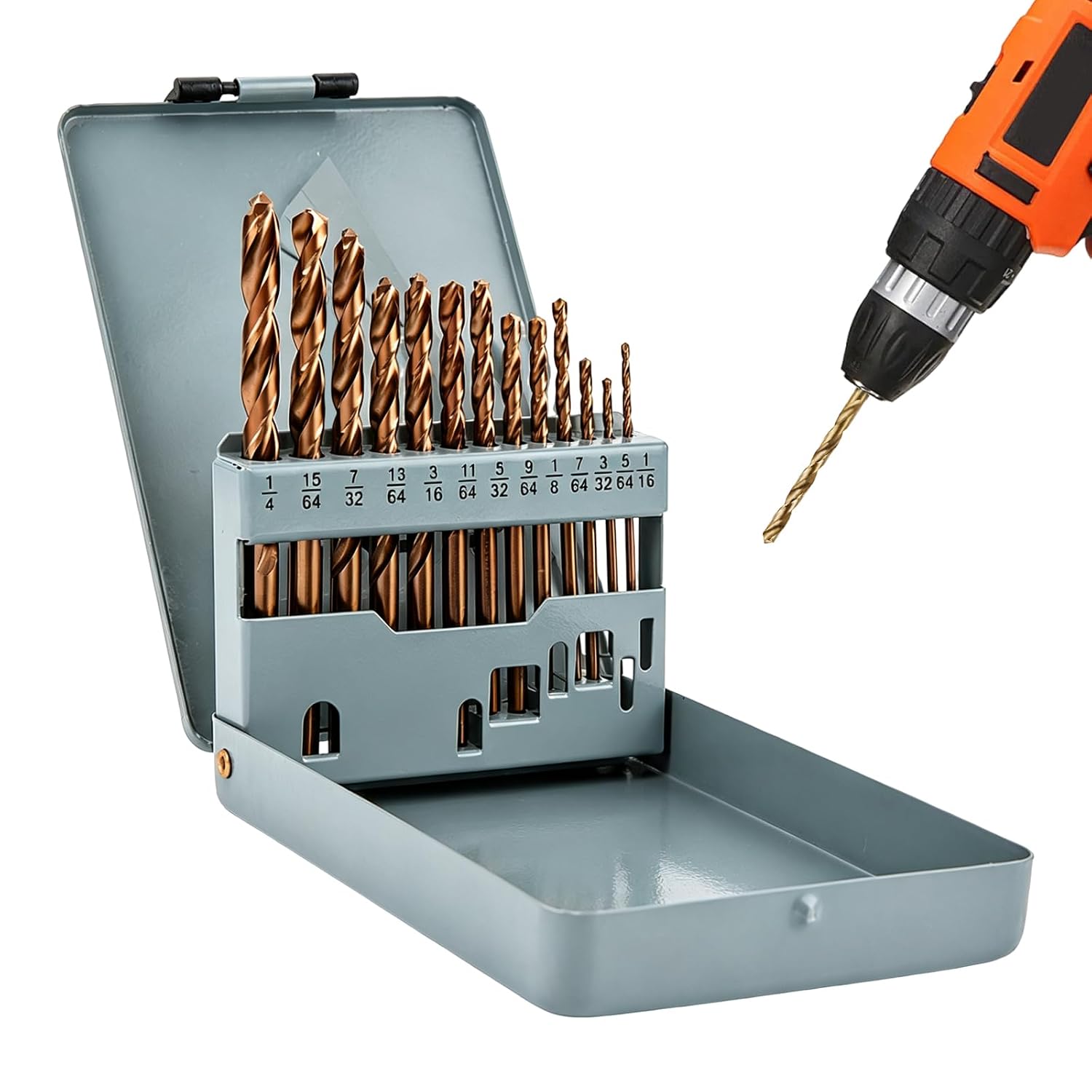 13 Pcs Cobalt Drill Bit Set, High-Speed Steel Drill Bit Kit for Removing Broken Stubs, Bolts and Screws, 1/16"-1/4" Reverse Twist Drill Bits with Index Storage Case