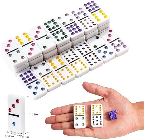 Miniatura 6 de Yinlo Juego de dominó de tren mexicano con efecto de sonido, juego de dominó para viajes, 91 azulejos dobles de 12 colores juego de viaje con caja
