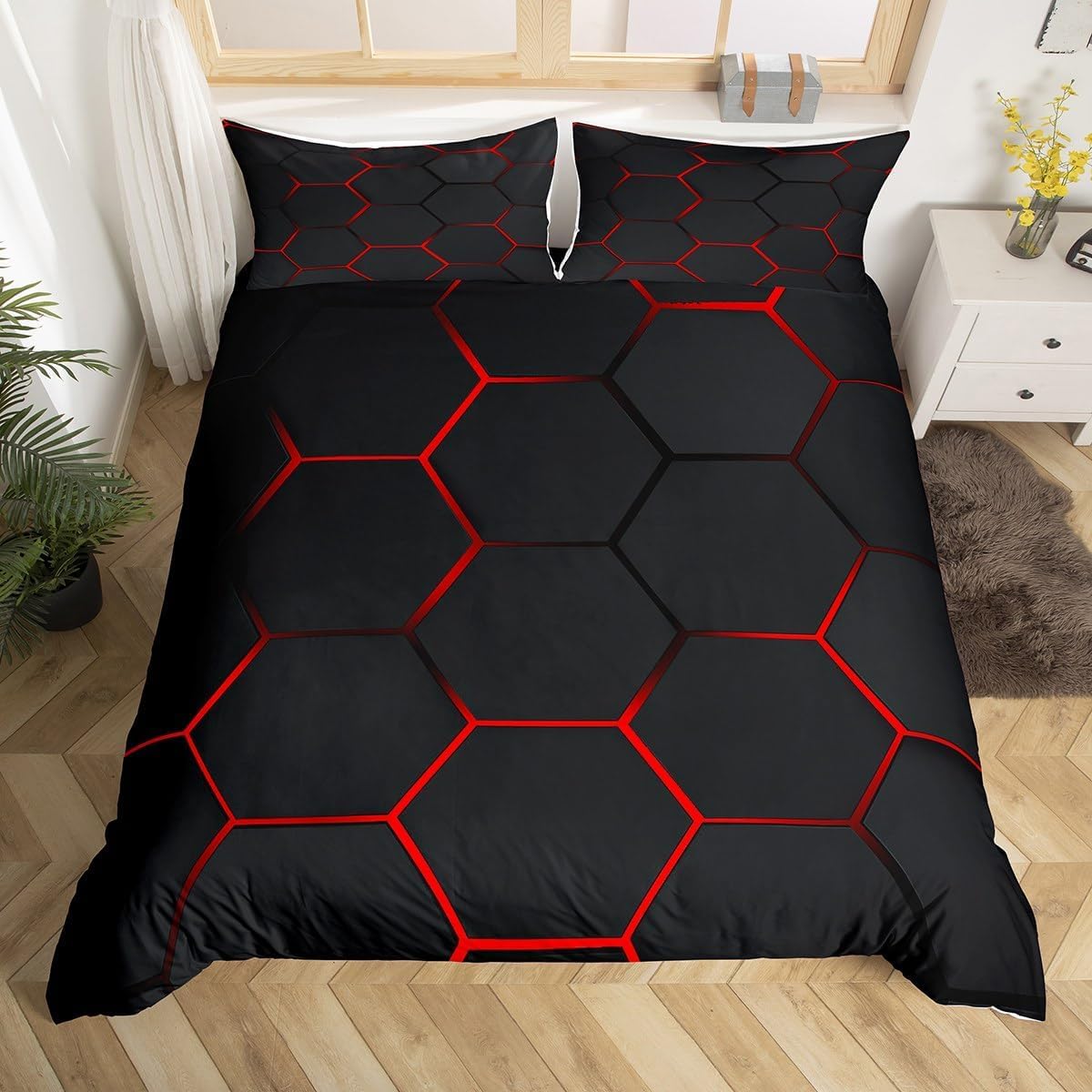 Housse de Couette 280x240 Moderne Géométrique Parure de Lit Rouge et Noir Imprimé 3D Sets de Housses de Couettes en Microfibre Doux avec Fermeture Éclair et 2 Taies d'oreiller A-7854