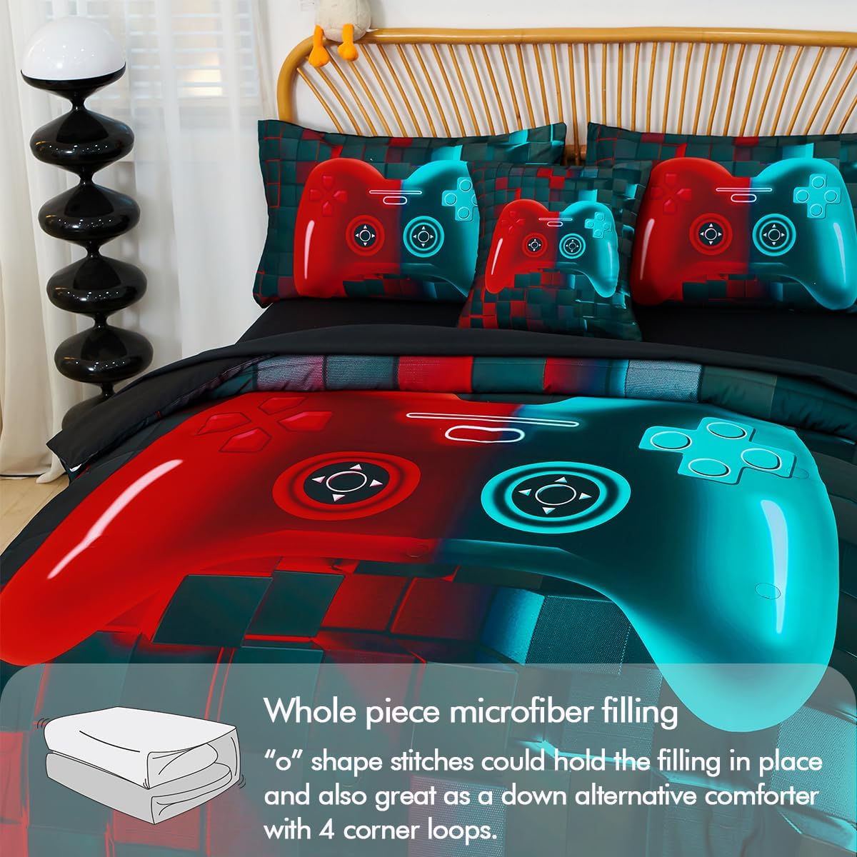 PERFEMET Boys Bedding Set Full 6 Pieces Red and Teal Video Game Kids Bed in A Bag 3D Cool Soft Lightweight Girls Teens Gamer Bed Set with Sheets(Red Teal, Full) - Image 6