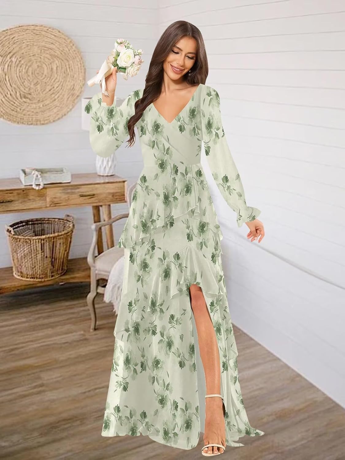 Long Sleeve Bridesmaid Dresses for Women Tiered Ruffle V Neck Chiffon Fall Formal Dress with Slit