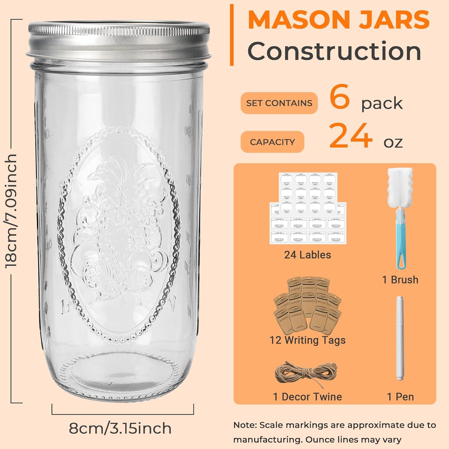 CycleMore 6 Pack Wide Mouth Mason Jars with Airtight Lids and Bands, 24 Oz Canning Glass Jars, Glass Canister for Canning, Fermenting, Pickling, Meal Prep, Overnight Oats, Jam, Jelly - Image 2